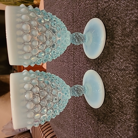 Blue hobnail wine glasses.